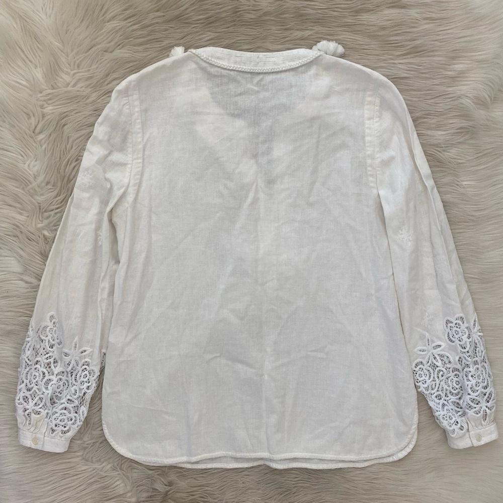Kobi Halperin Linen Blend White Tassel Neckline Blouse Split Neck Tunic Top - Picture 8 of 14